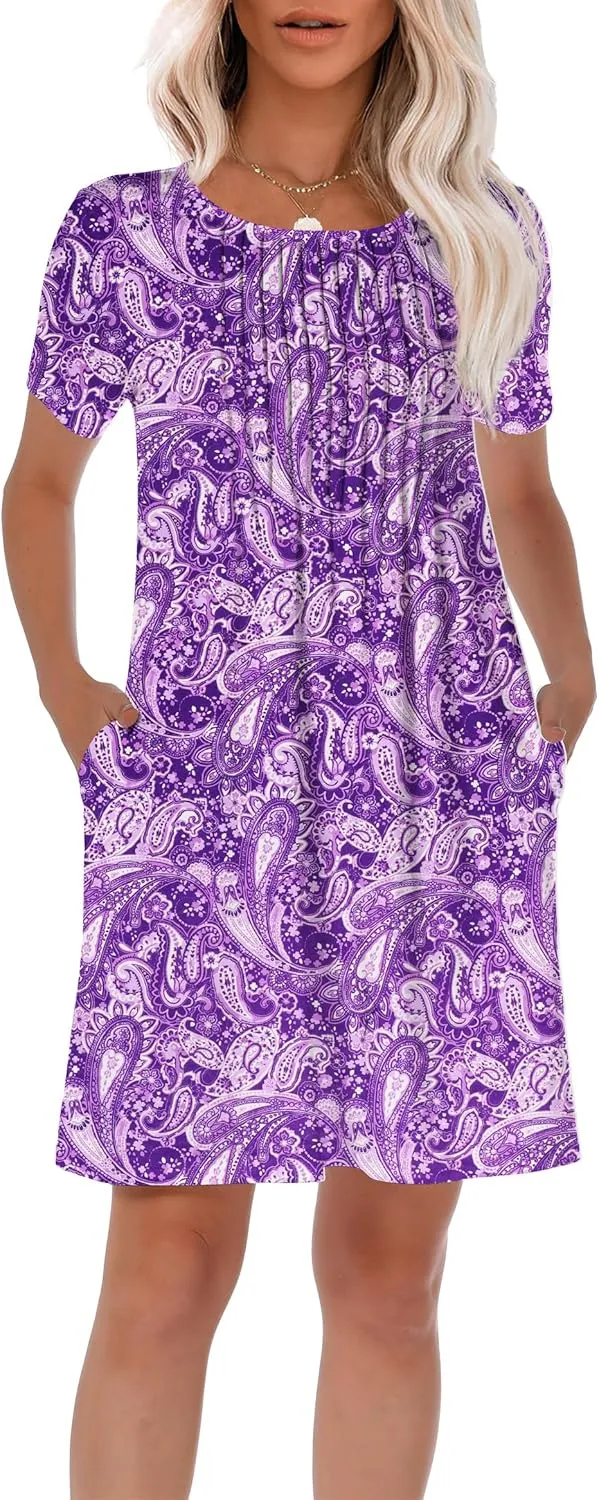 HiMONE Womens Summer Dresses T-Shirt Pleated Dressy Casual Scooped Neck Beach Vacation Dresses XS-2XL