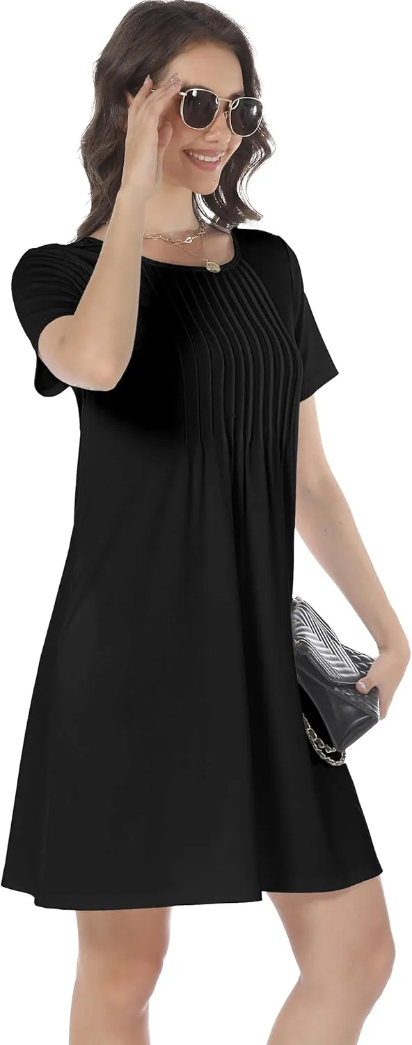 HiMONE Womens Summer Dresses T-Shirt Pleated Dressy Casual Scooped Neck Beach Vacation Dresses XS-2XL