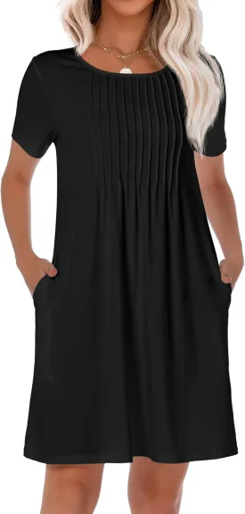 HiMONE Womens Summer Dresses T-Shirt Pleated Dressy Casual Scooped Neck Beach Vacation Dresses XS-2XL