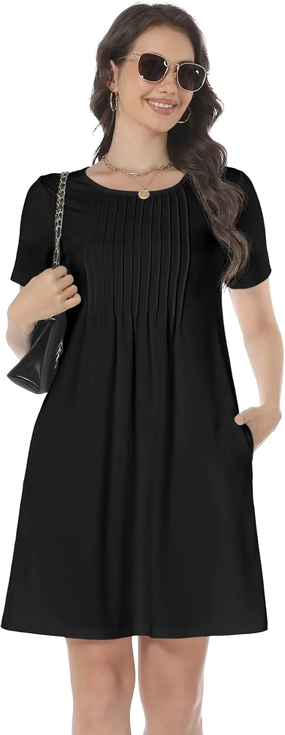 HiMONE Womens Summer Dresses T-Shirt Pleated Dressy Casual Scooped Neck Beach Vacation Dresses XS-2XL