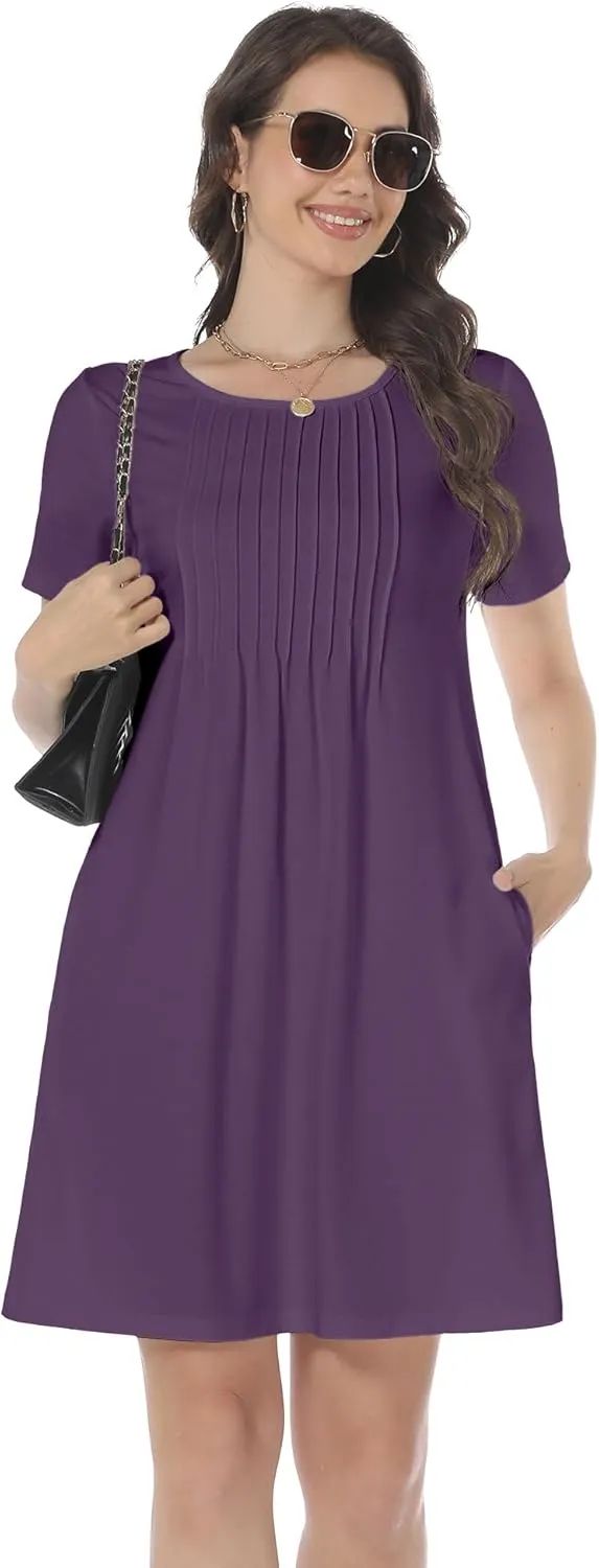 HiMONE Womens Summer Dresses T-Shirt Pleated Dressy Casual Scooped Neck Beach Vacation Dresses XS-2XL