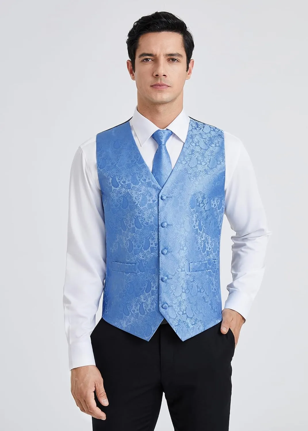 HISDERN 3PC Men's Paisley Floral Jacquard Suit Vest & Necktie and Pocket Square Formal Waistcoat for Tuxedo Wedding Party
