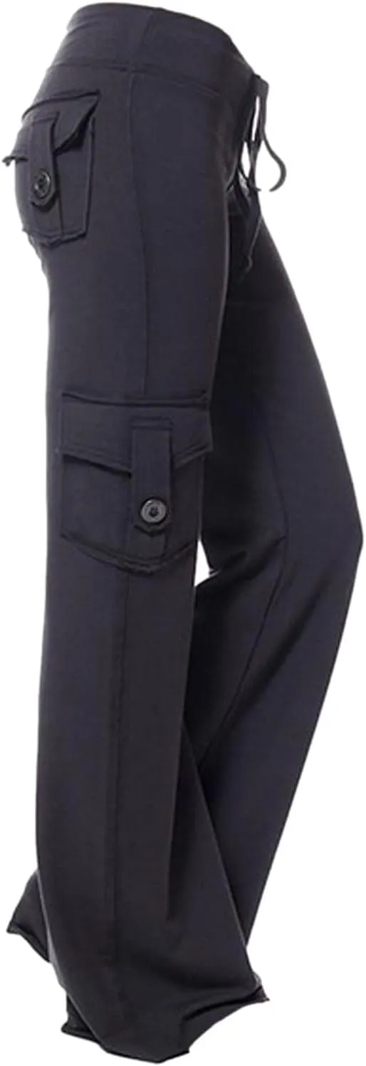 hlysgo Wide Leg Cargo Pants for Women 2025 High Waisted Yoga Leggings with Pockets Plus Size Drawstring Straight Leg Pants