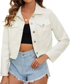 HOTIAN Cropped Denim Jacket Women Frayed Washed Soft Buttoned Short Denim Jacket Frayed Hem with Pockets