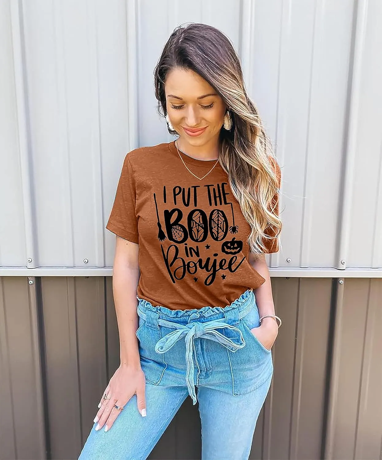 I Put The Boo in Boujee Women Funny Letter Print Halloween Shirts Classic Round Neck Casual Loose Fit Short Sleeve Tops