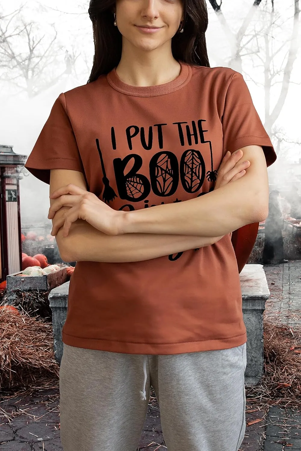 I Put The Boo in Boujee Women Funny Letter Print Halloween Shirts Classic Round Neck Casual Loose Fit Short Sleeve Tops