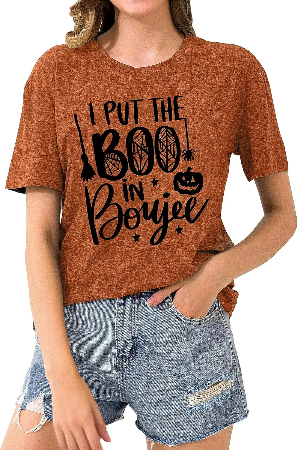 I Put The Boo in Boujee Women Funny Letter Print Halloween Shirts Classic Round Neck Casual Loose Fit Short Sleeve Tops