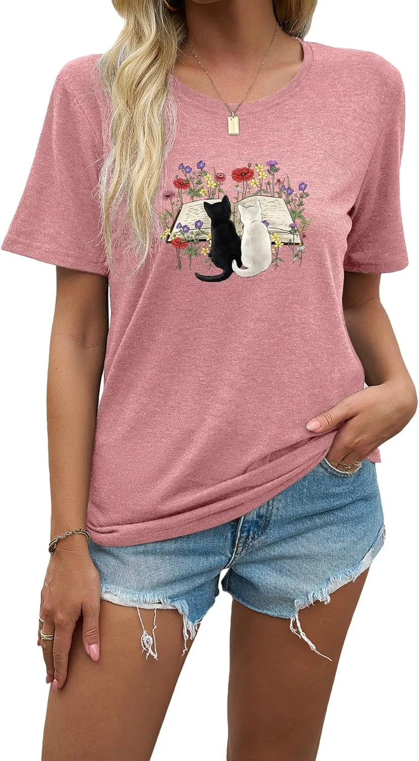 J&DHUASHA Women's Cat Shirt Funny Cat Book Floral Graphic Tshirt Casual Short Sleeve Tee Top