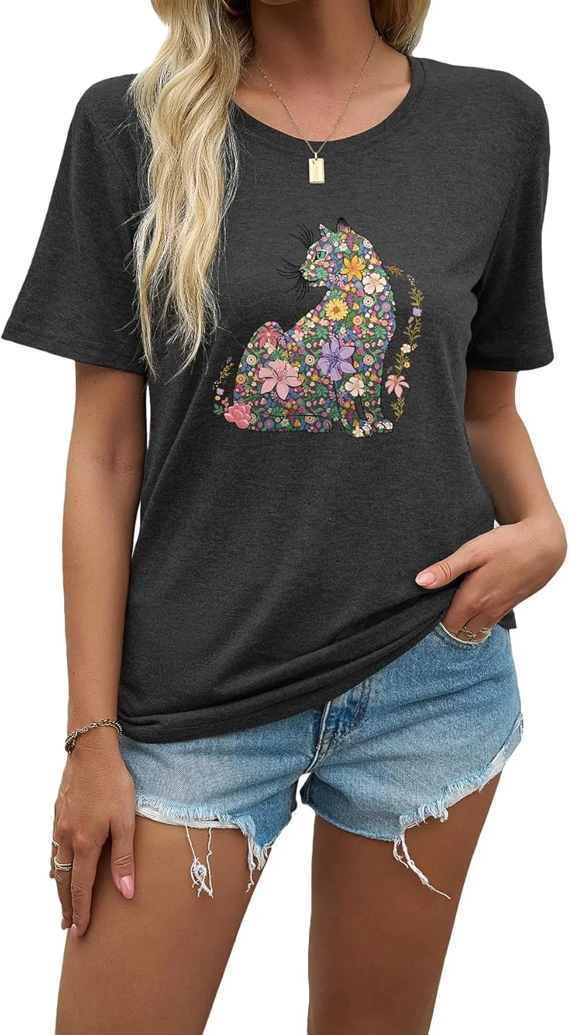 J&DHUASHA Women's Cat Shirt Funny Cat Book Floral Graphic Tshirt Casual Short Sleeve Tee Top