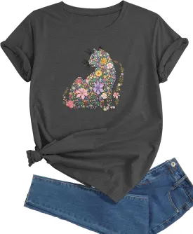 J&DHUASHA Women's Cat Shirt Funny Cat Book Floral Graphic Tshirt Casual Short Sleeve Tee Top
