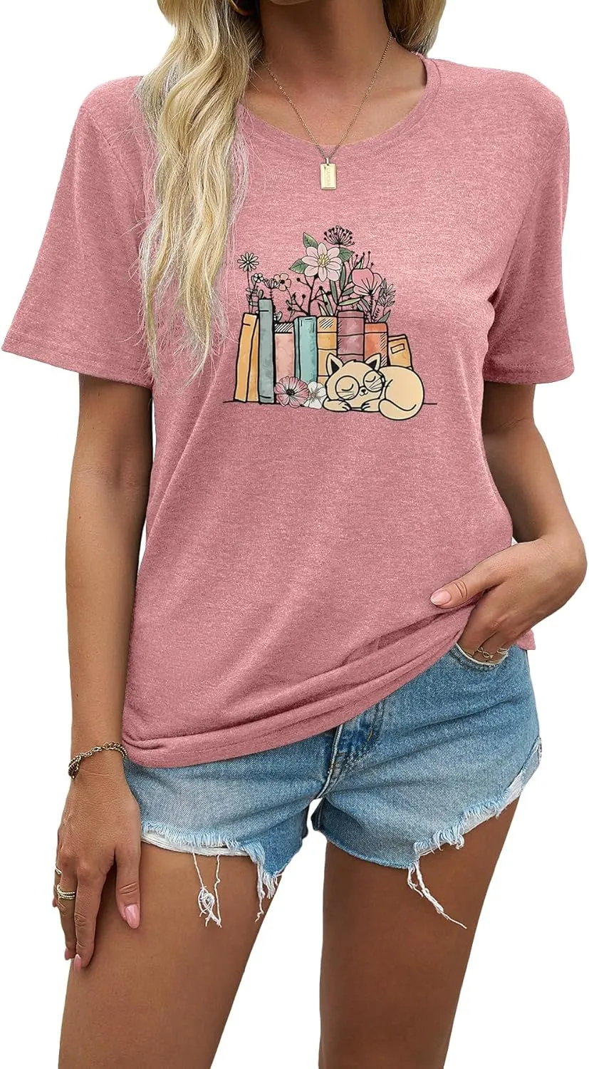 J&DHUASHA Women's Cat Shirt Funny Cat Book Floral Graphic Tshirt Casual Short Sleeve Tee Top