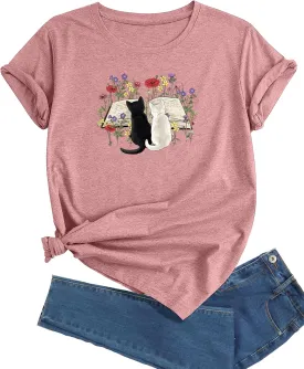 J&DHUASHA Women's Cat Shirt Funny Cat Book Floral Graphic Tshirt Casual Short Sleeve Tee Top