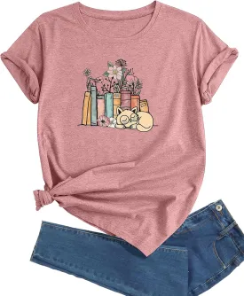 J&DHUASHA Women's Cat Shirt Funny Cat Book Floral Graphic Tshirt Casual Short Sleeve Tee Top