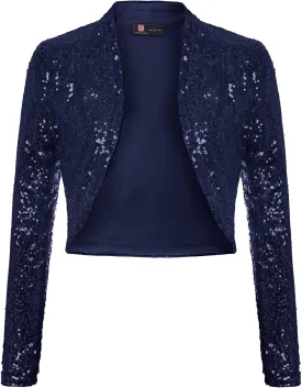 KANCY KOLE Women's Sequin Shrug Long Sleeve Open Front Cropped Bolero Jackets S-XXL
