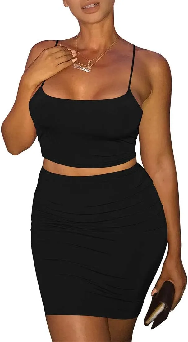 Kaximil Women's Summer 2 Piece Outfits Cami Crop Top Bodycon Skirt Mini Club Dress