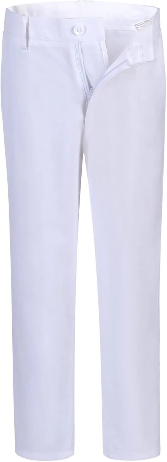 Kids School Uniform Pants for Little Boys Slim Fit Dress Slacks Formal Trousers with Adjustable Waist Flat Front White Dress Pants Size 8