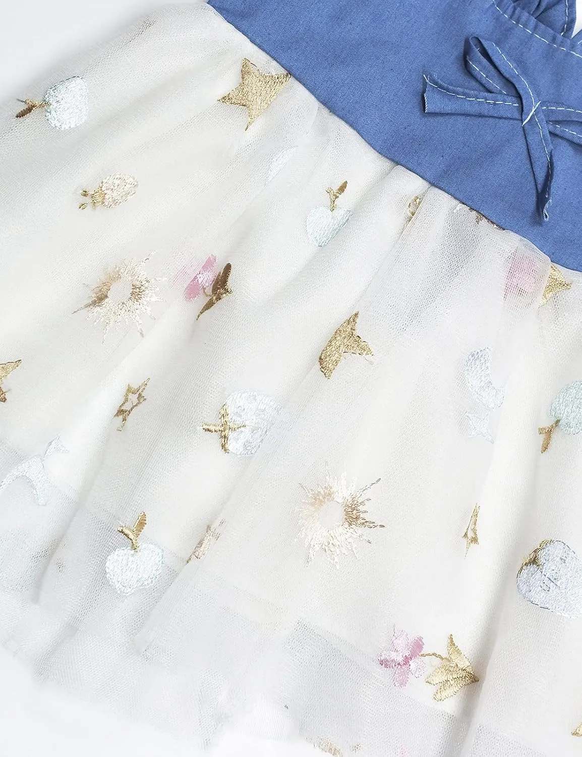 KIDSCOOL SPACE Baby Girls Overalls Jean Dress, Flower Embroidered Double Color Spliced Tulle Skirts