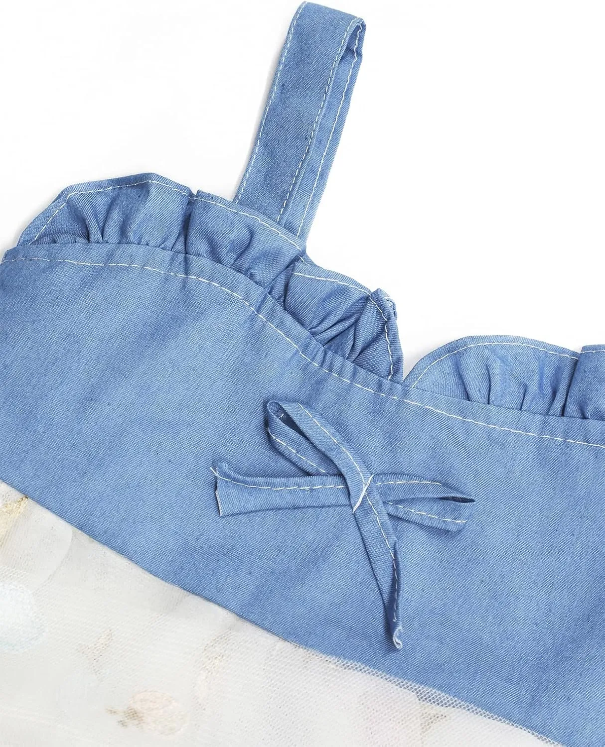 KIDSCOOL SPACE Baby Girls Overalls Jean Dress, Flower Embroidered Double Color Spliced Tulle Skirts