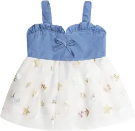 KIDSCOOL SPACE Baby Girls Overalls Jean Dress, Flower Embroidered Double Color Spliced Tulle Skirts
