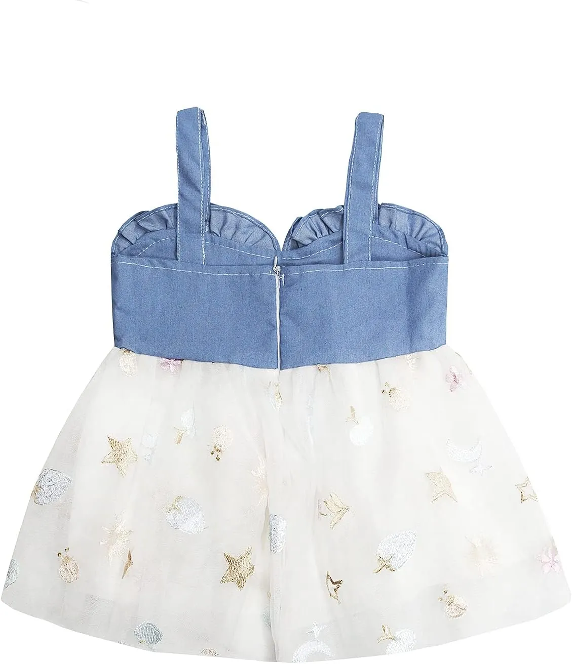KIDSCOOL SPACE Baby Girls Overalls Jean Dress, Flower Embroidered Double Color Spliced Tulle Skirts