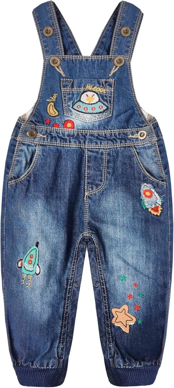 KIDSCOOL SPACE Baby Little Kids Cute Denim Embroidered Fashion Jean Overalls