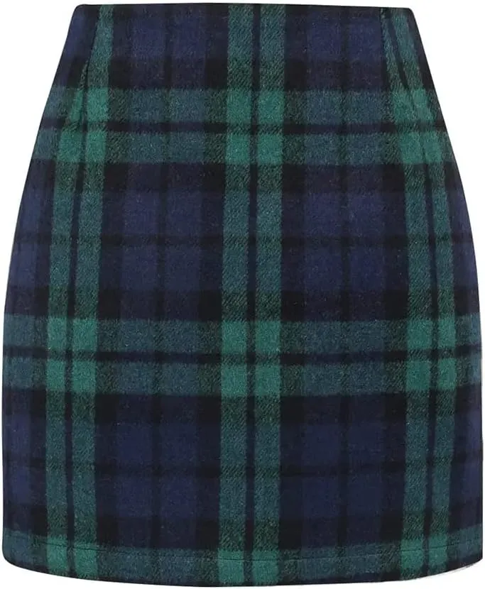Kinghua Womens Wool Plaid Mini Skirt Fall Winter High Waisted Bodycon Pencil Skirt