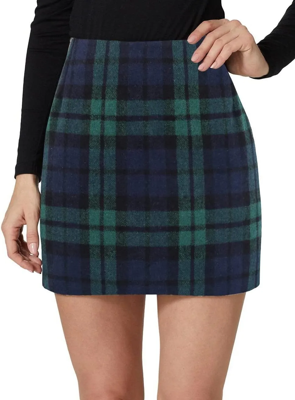 Kinghua Womens Wool Plaid Mini Skirt Fall Winter High Waisted Bodycon Pencil Skirt