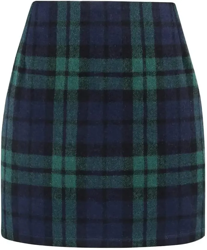 Kinghua Womens Wool Plaid Mini Skirt Fall Winter High Waisted Bodycon Pencil Skirt