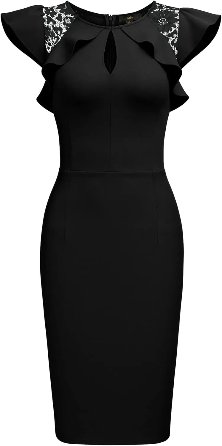 Knitee Women's Vintage Ruffle Trim Lace Sleeveless Bodycon Cocktail Dress