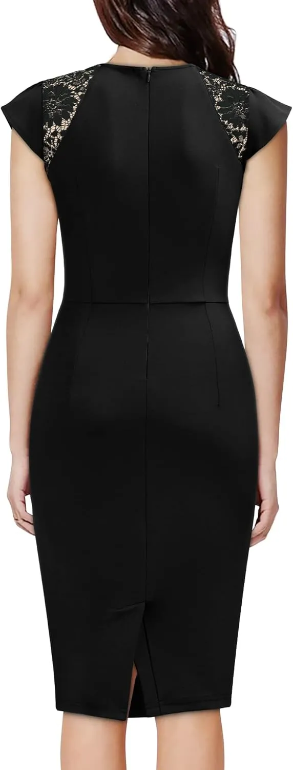 Knitee Women's Vintage Ruffle Trim Lace Sleeveless Bodycon Cocktail Dress