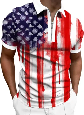 LCMTWX 4th of July Patriotic Polo Shirt for Men American Flag Print Patriotic Polo Shirt 3D Digital Printing Zipper Short
