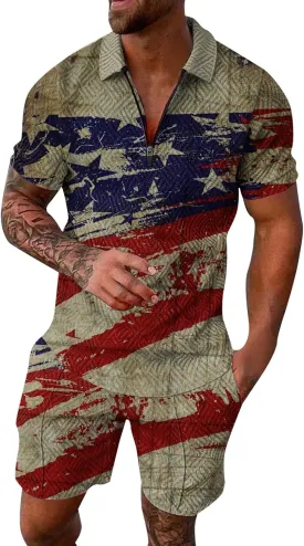 LCMTWX 4th of July Patriotic Polo Shirt for Men American Flag Print Patriotic Polo Shirt 3D Digital Printing Zipper Short