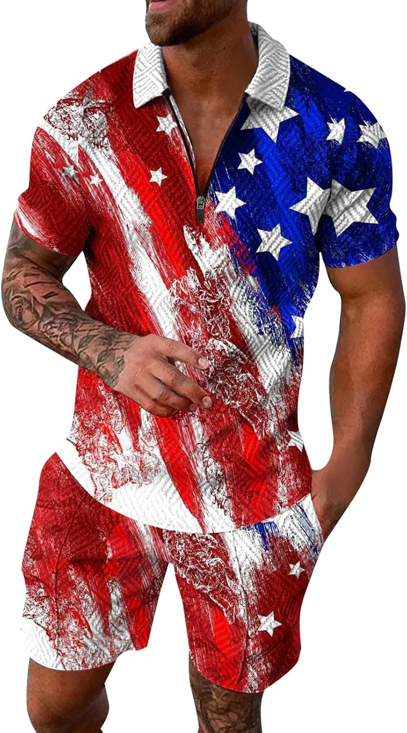 LCMTWX 4th of July Patriotic Polo Shirt for Men American Flag Print Patriotic Polo Shirt 3D Digital Printing Zipper Short