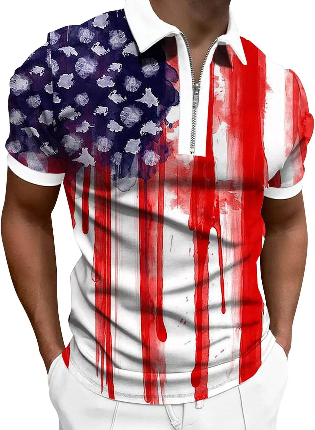 LCMTWX 4th of July Patriotic Polo Shirt for Men American Flag Print Patriotic Polo Shirt 3D Digital Printing Zipper Short