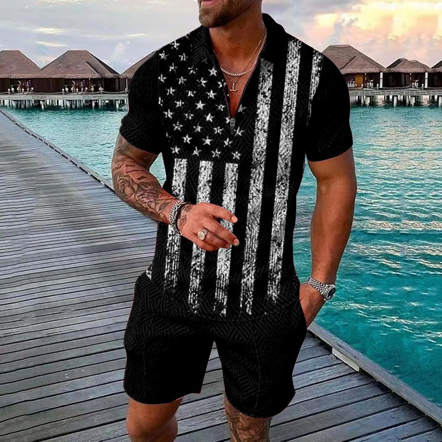 LCMTWX 4th of July Patriotic Polo Shirt for Men American Flag Print Patriotic Polo Shirt 3D Digital Printing Zipper Short