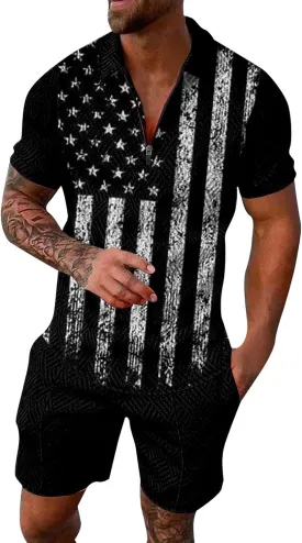 LCMTWX 4th of July Patriotic Polo Shirt for Men American Flag Print Patriotic Polo Shirt 3D Digital Printing Zipper Short