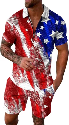 LCMTWX 4th of July Patriotic Polo Shirt for Men American Flag Print Patriotic Polo Shirt 3D Digital Printing Zipper Short