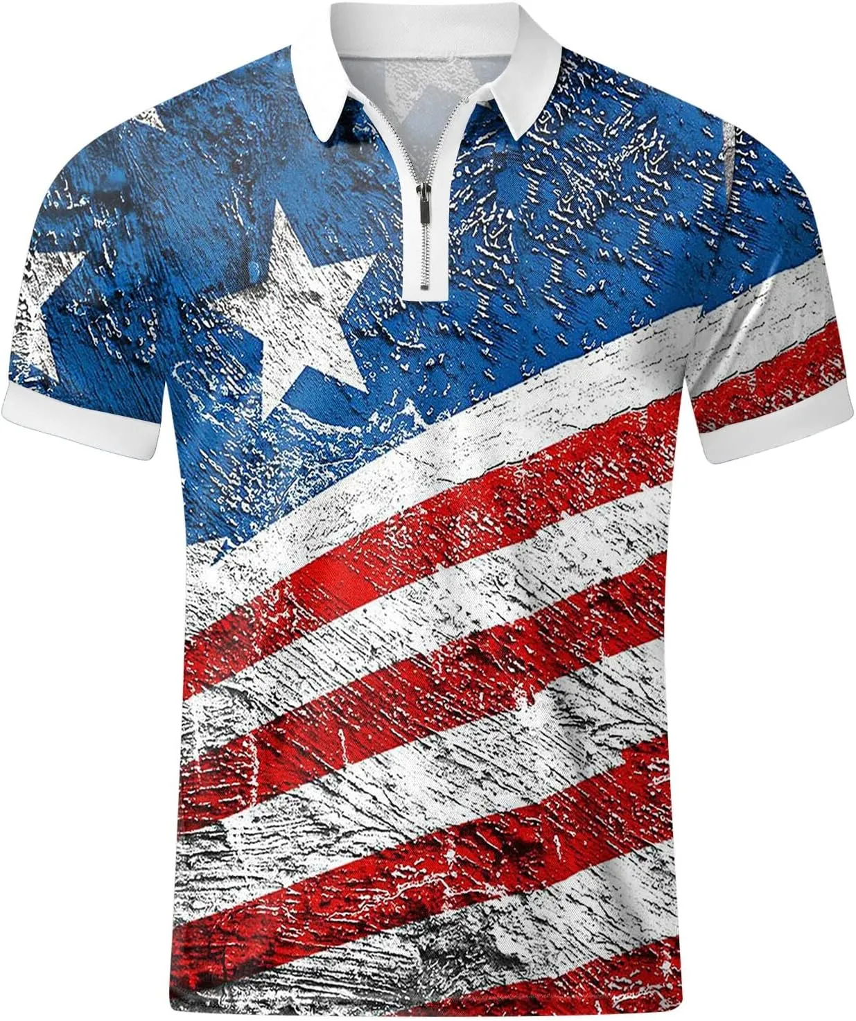 LCMTWX 4th of July Patriotic Polo Shirt for Men American Flag Print Patriotic Polo Shirt 3D Digital Printing Zipper Short
