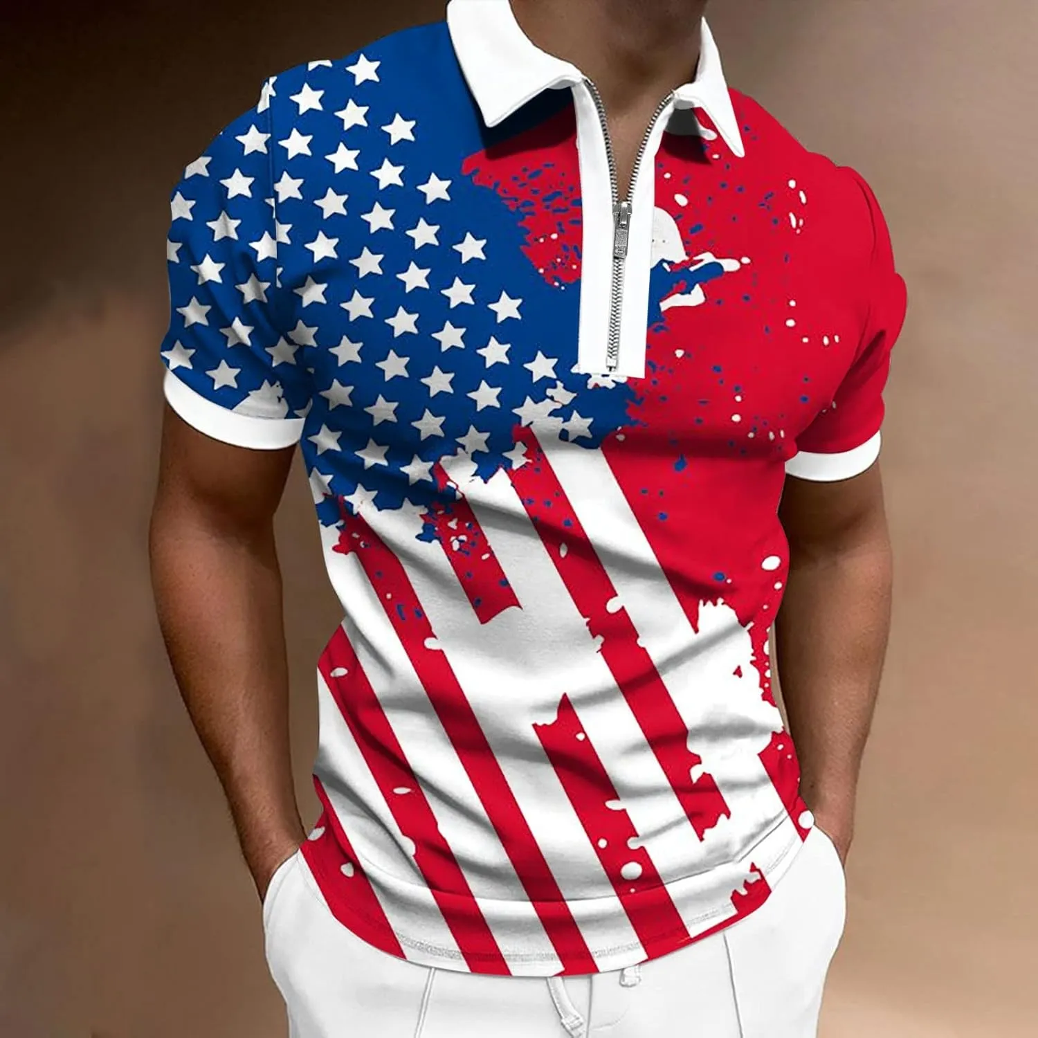 LCMTWX 4th of July Patriotic Polo Shirt for Men American Flag Print Patriotic Polo Shirt 3D Digital Printing Zipper Short