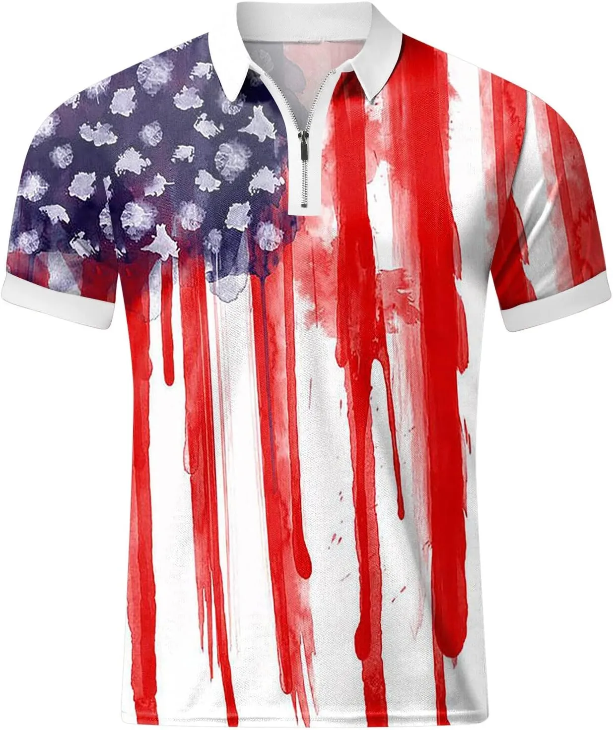LCMTWX 4th of July Patriotic Polo Shirt for Men American Flag Print Patriotic Polo Shirt 3D Digital Printing Zipper Short
