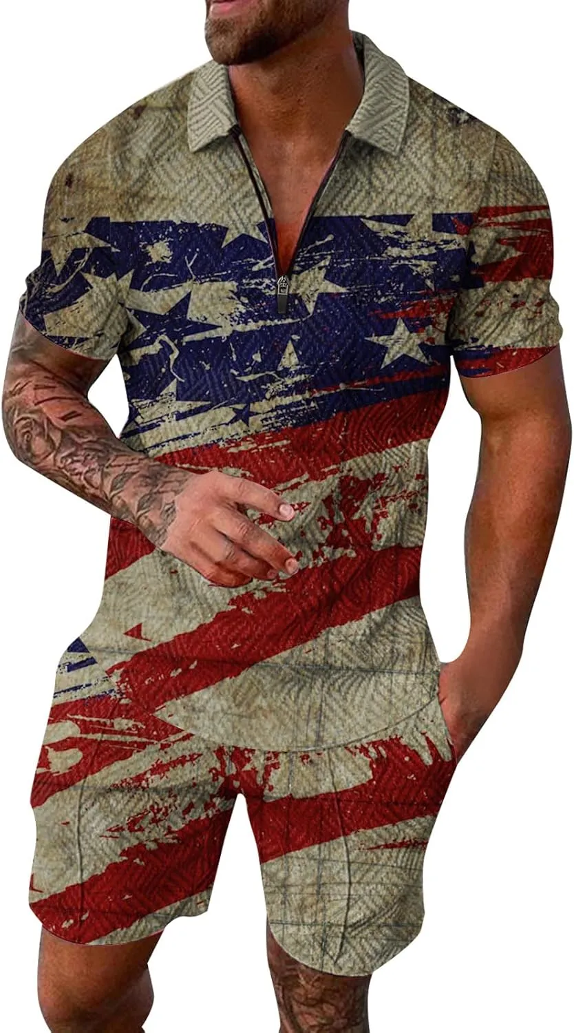 LCMTWX 4th of July Patriotic Polo Shirt for Men American Flag Print Patriotic Polo Shirt 3D Digital Printing Zipper Short