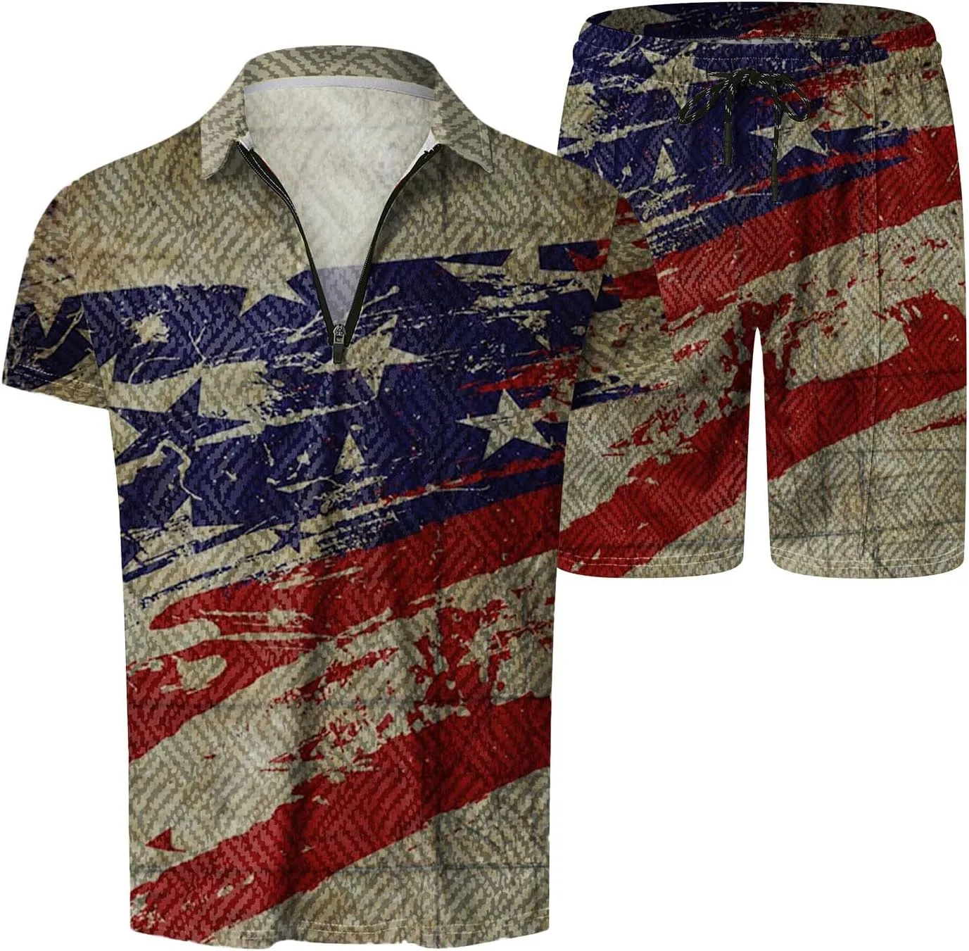 LCMTWX 4th of July Patriotic Polo Shirt for Men American Flag Print Patriotic Polo Shirt 3D Digital Printing Zipper Short