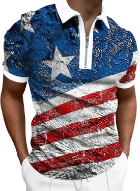 LCMTWX 4th of July Patriotic Polo Shirt for Men American Flag Print Patriotic Polo Shirt 3D Digital Printing Zipper Short