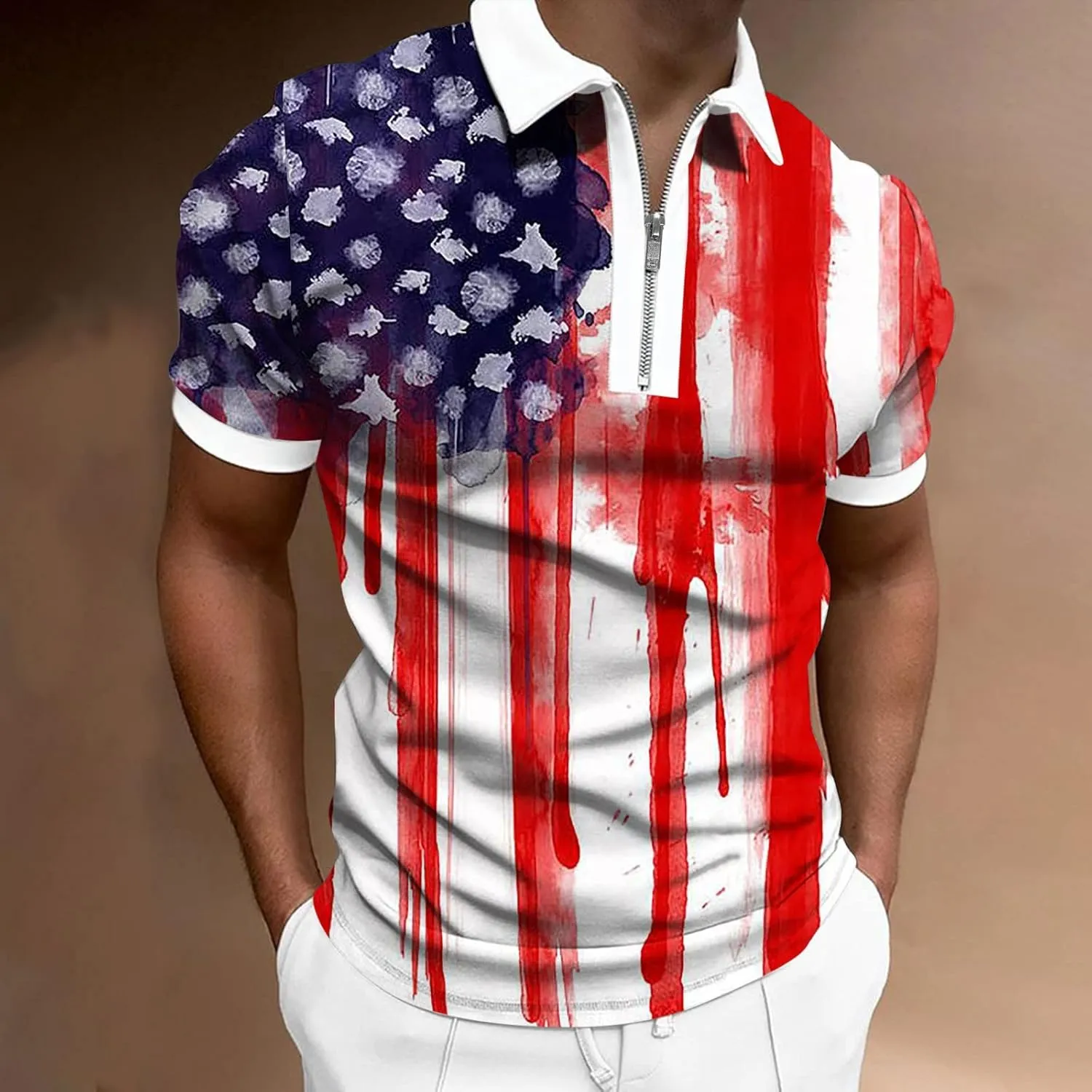 LCMTWX 4th of July Patriotic Polo Shirt for Men American Flag Print Patriotic Polo Shirt 3D Digital Printing Zipper Short