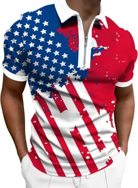 LCMTWX 4th of July Patriotic Polo Shirt for Men American Flag Print Patriotic Polo Shirt 3D Digital Printing Zipper Short