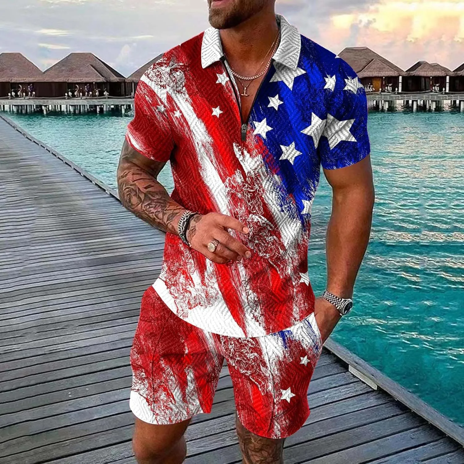 LCMTWX 4th of July Patriotic Polo Shirt for Men American Flag Print Patriotic Polo Shirt 3D Digital Printing Zipper Short