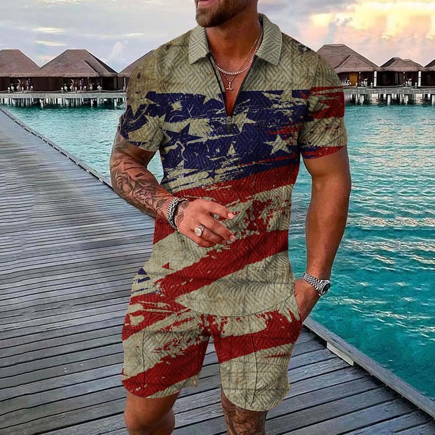 LCMTWX 4th of July Patriotic Polo Shirt for Men American Flag Print Patriotic Polo Shirt 3D Digital Printing Zipper Short