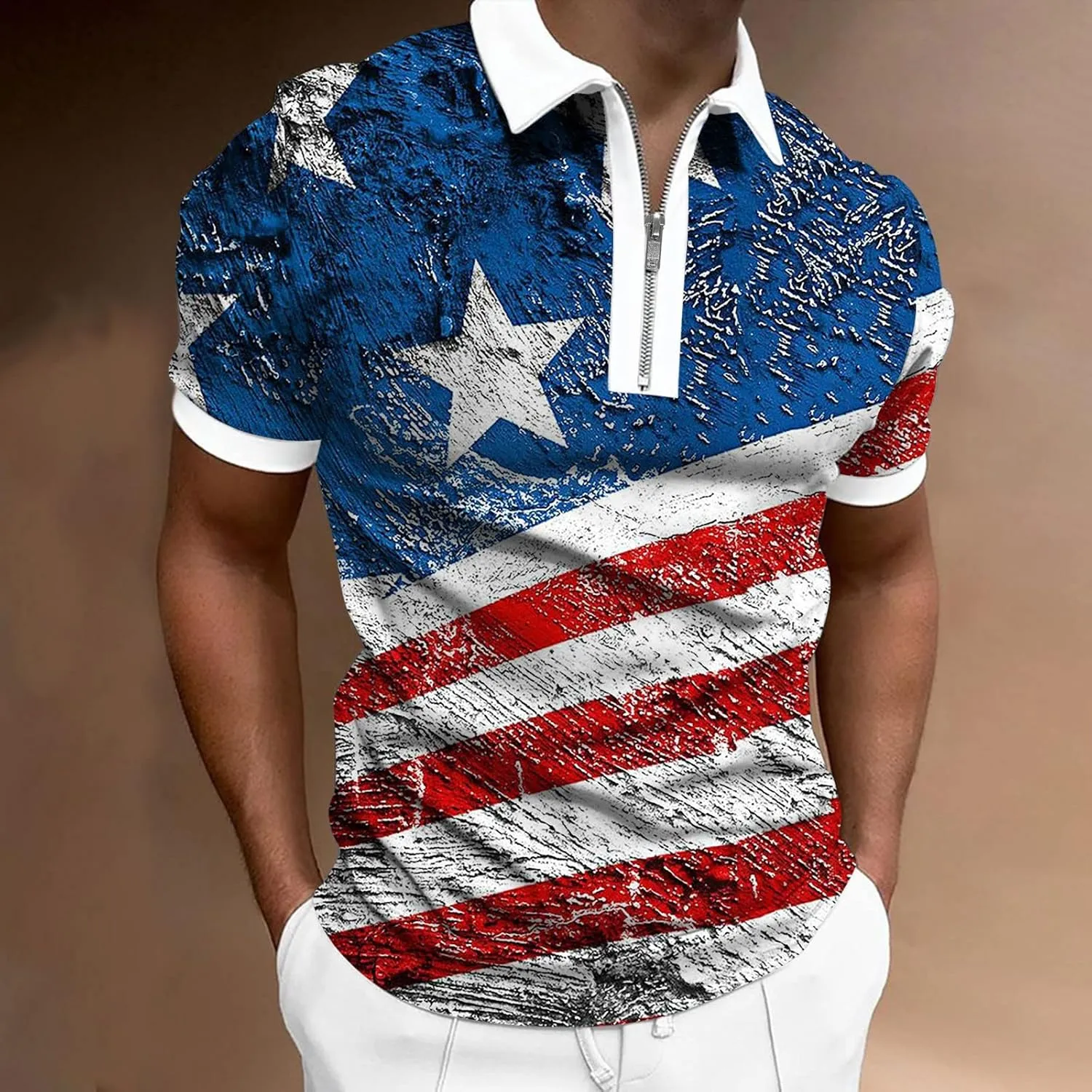 LCMTWX 4th of July Patriotic Polo Shirt for Men American Flag Print Patriotic Polo Shirt 3D Digital Printing Zipper Short