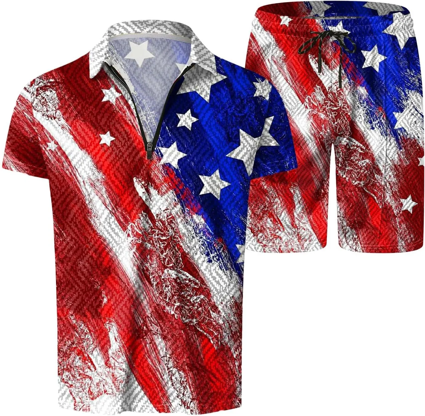 LCMTWX 4th of July Patriotic Polo Shirt for Men American Flag Print Patriotic Polo Shirt 3D Digital Printing Zipper Short