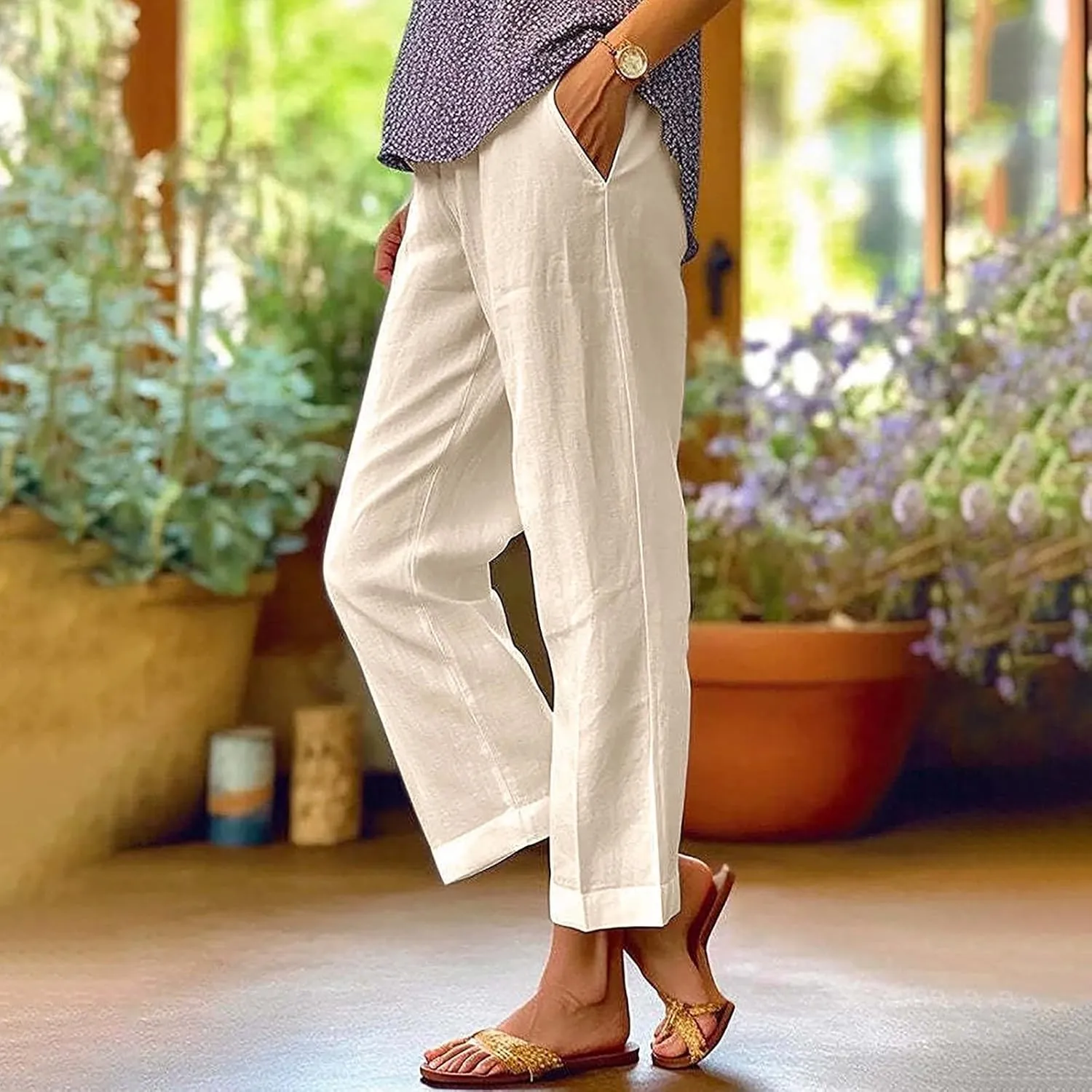 LCMTWX Women's Linen Pants 2024 Summer Pants Long Drawstring Linen Women Waist Cotton Casual Pants Flowy Wide Leg Beach